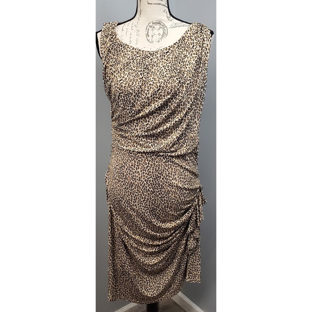 Betsey Johnson Sheath Dress Womens 14 Multi Leopard Print Ruched Side Detail